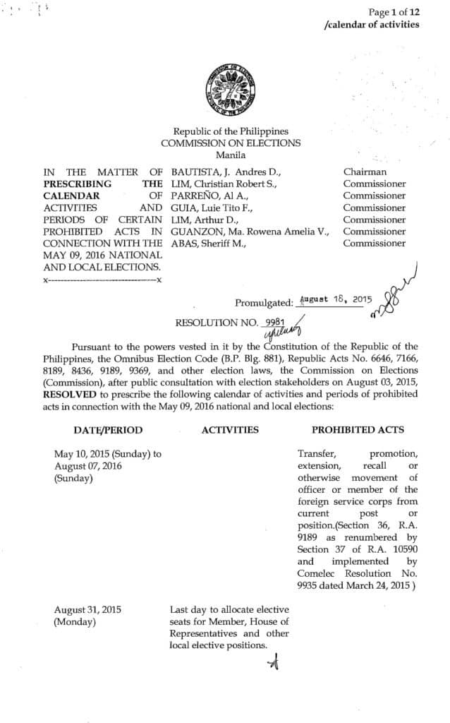 May 2016 Election Calendar of Activities and Prohibited Acts