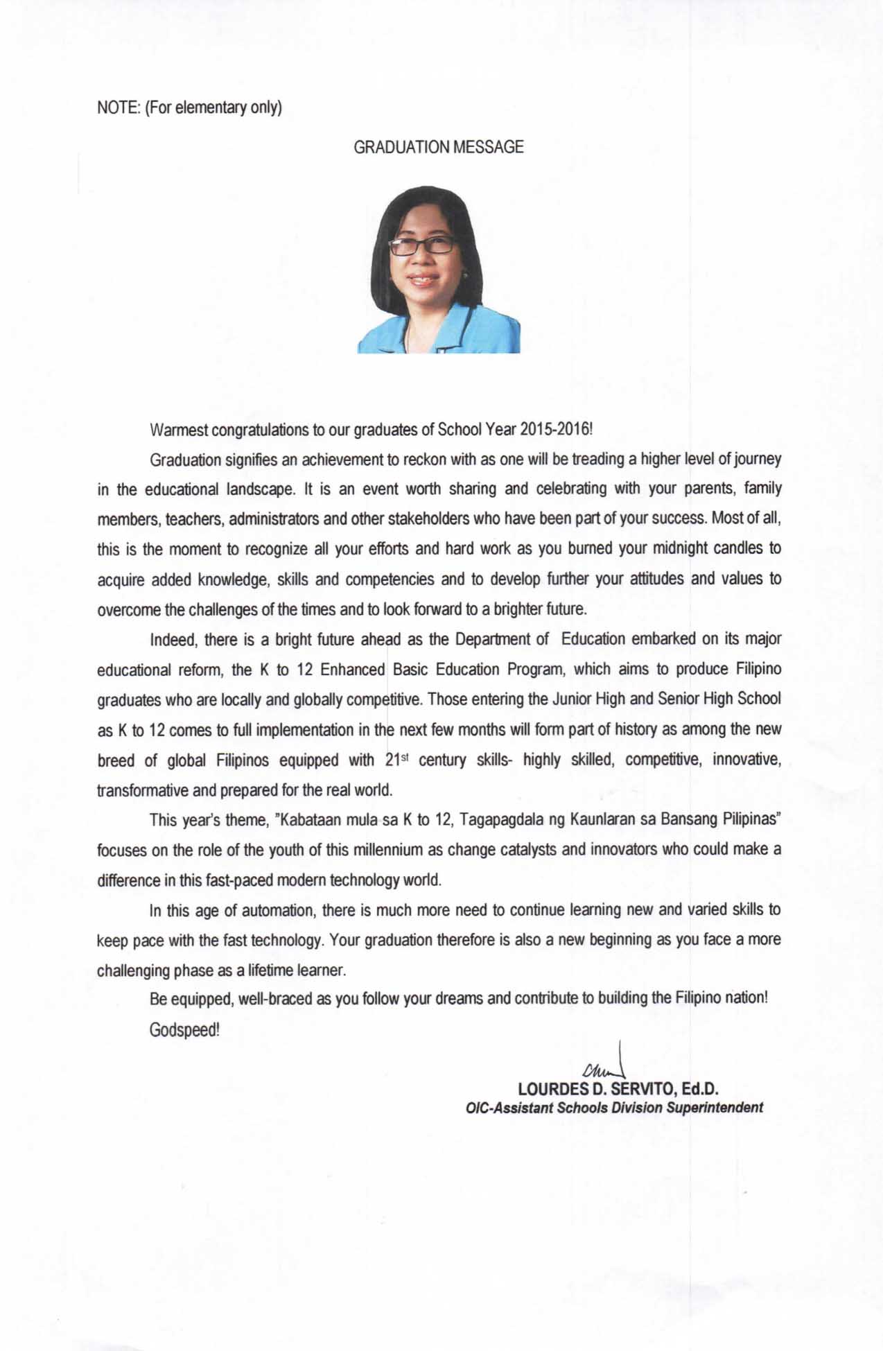 2016 Graduation Message Of Lourdes D Servito TeacherPH