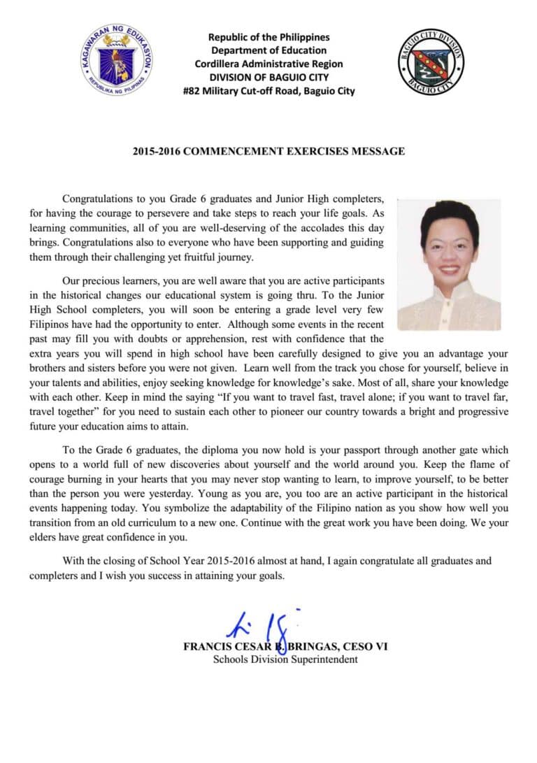 Commencement Exercises Message Of Sds Francis Cesar Bringas - Teacherph