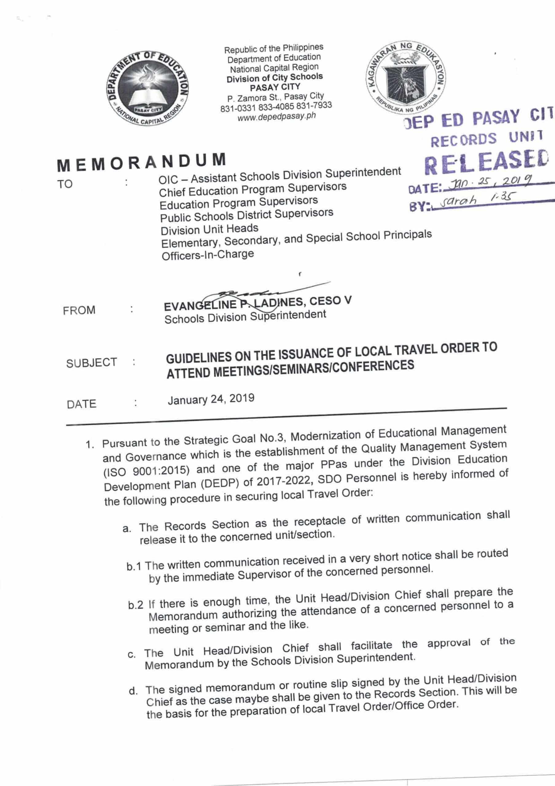 sample deped travel order