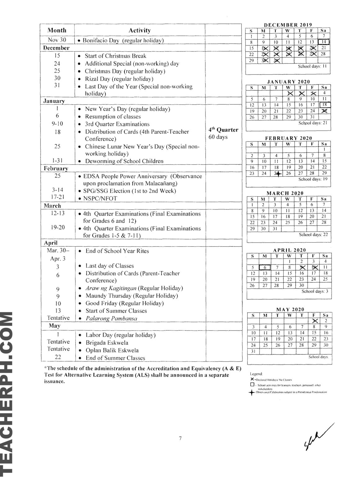 2020 School Year Calendar