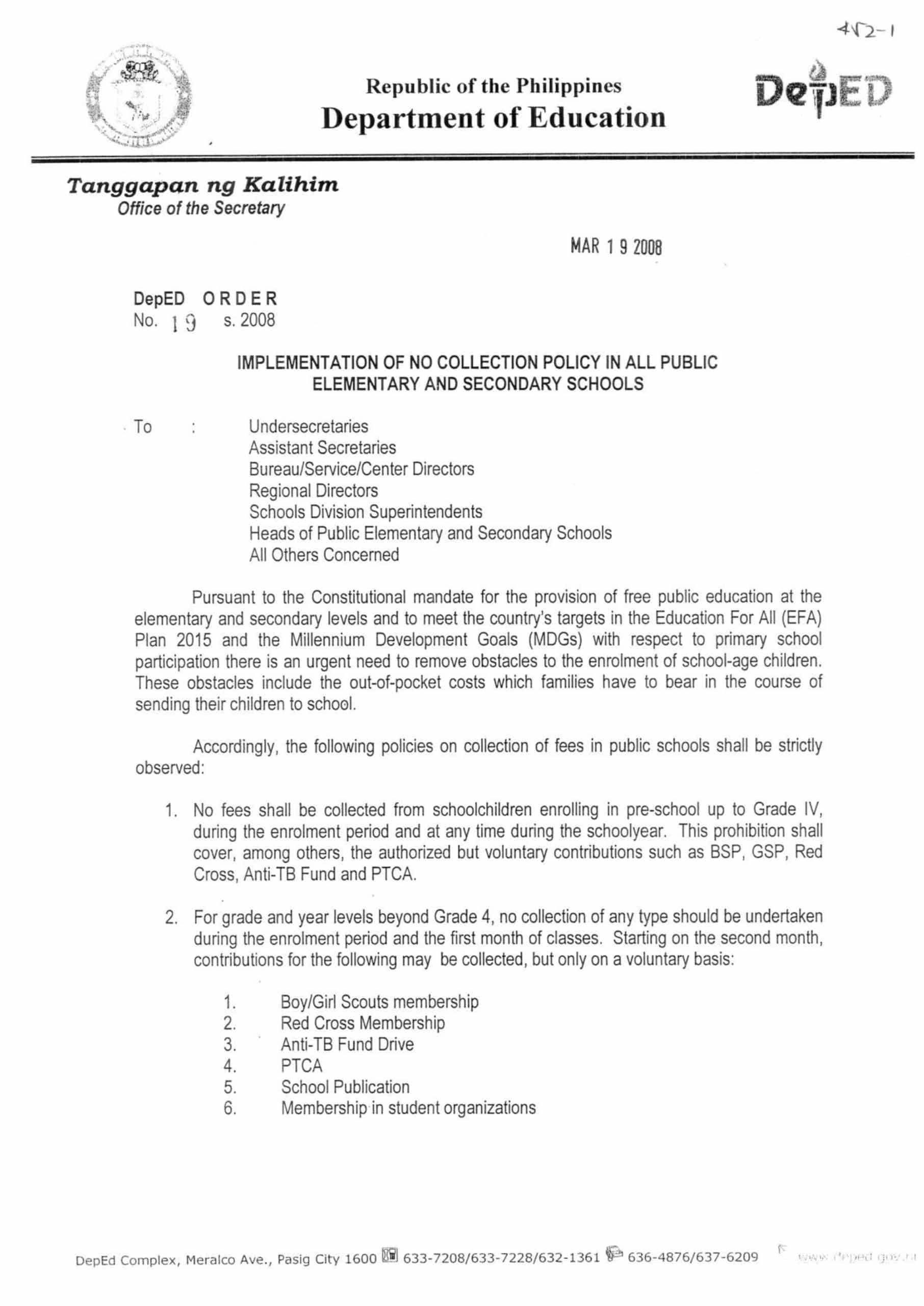 DepEd Order on No Collection Policy in All Public Schools TeacherPH