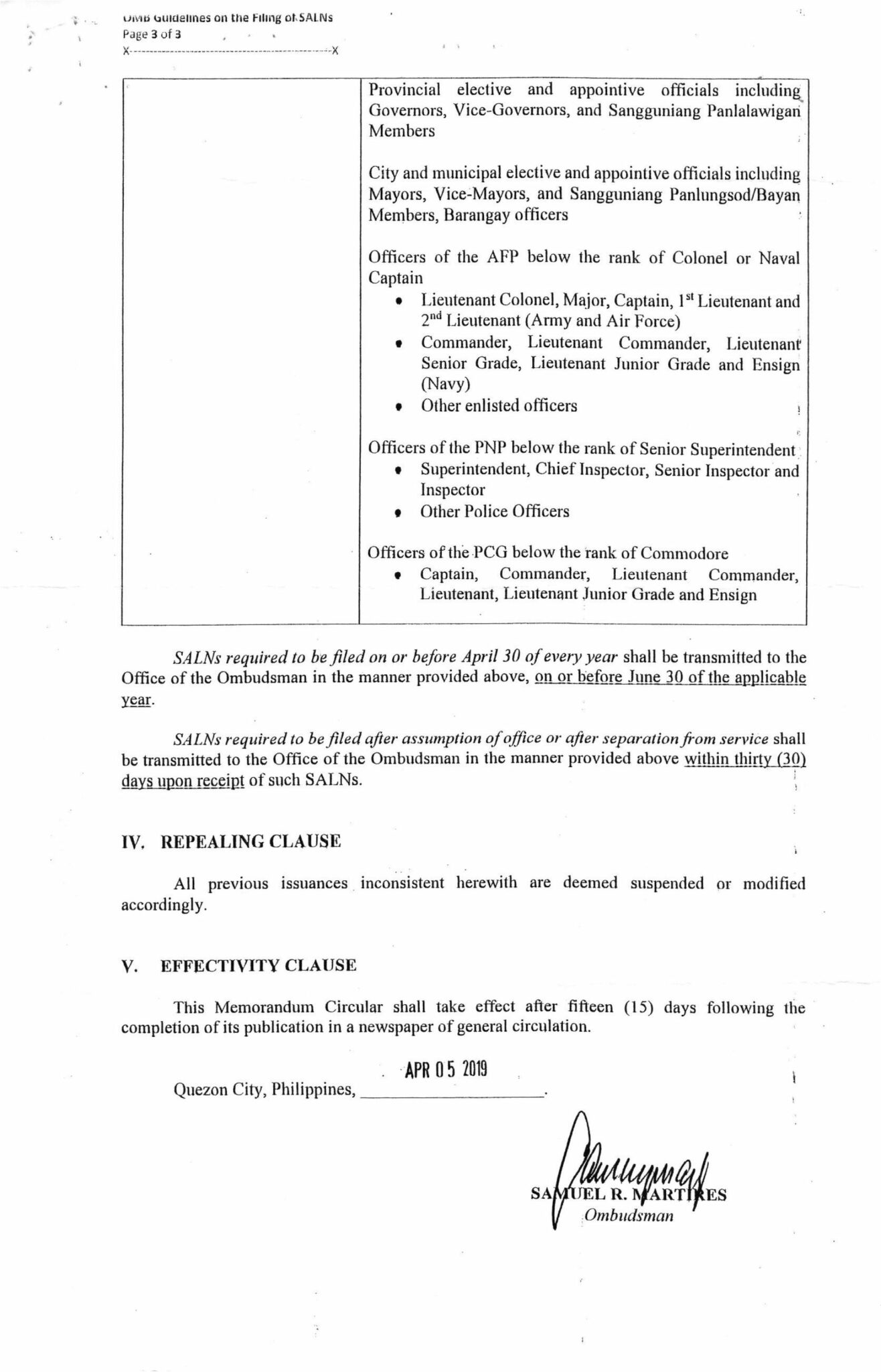 2019 Amended Guidelines on the Transmittal of SALNs - TeacherPH