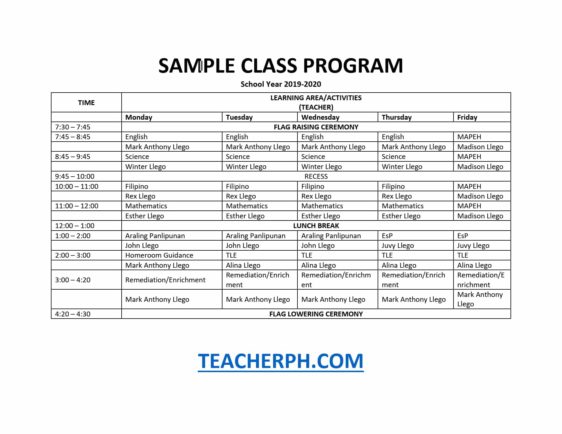 Deped Sample Class Program And Teachers Schedule Teacherph Images And Photos Finder