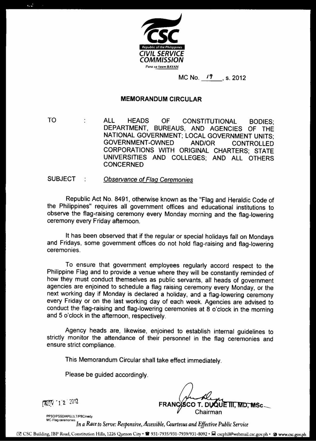 CSC Memorandum Circular On Flag Ceremonies - TeacherPH