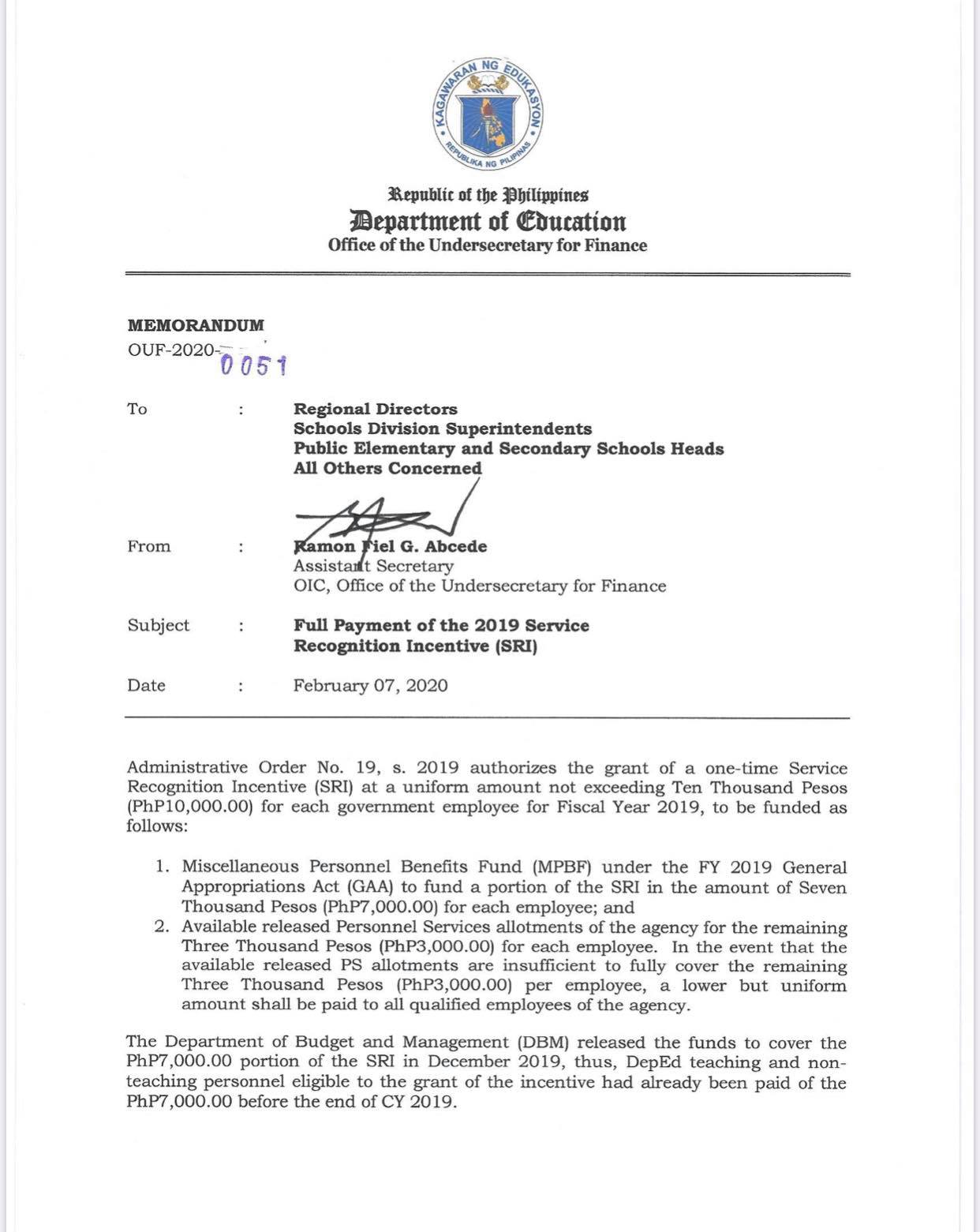 Full Payment of the 2019 Service Recognition Incentive (SRI) - TeacherPH