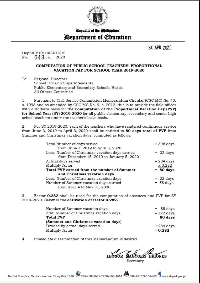 Computation of Public School Teachers’ Proportional Vacation Pay for ...