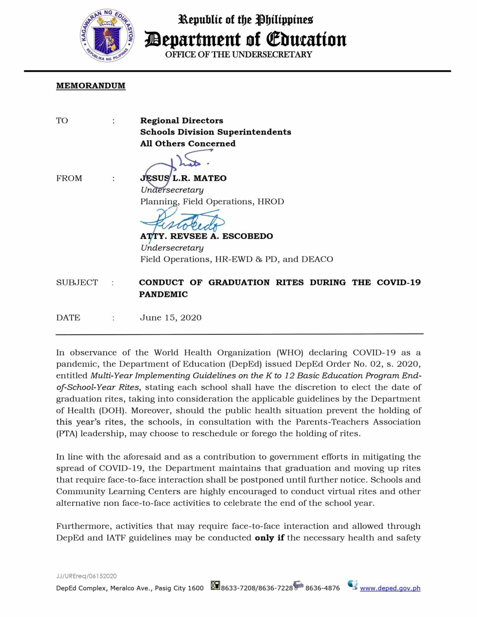 DepEd Memorandum on the Conduct of Graduation Rites During the COVID19