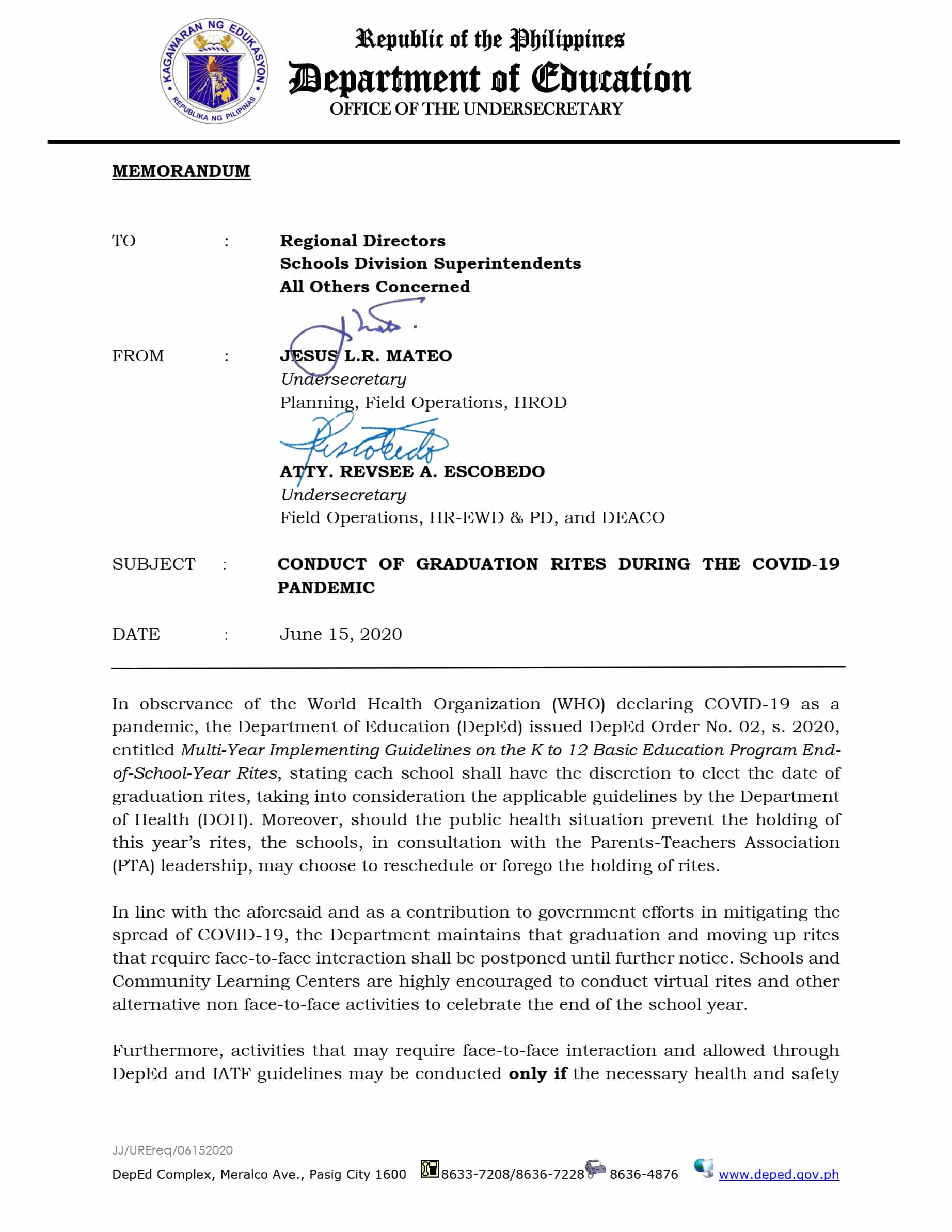 DepEd Memorandum on the Conduct of Graduation Rites During the COVID-19 ...