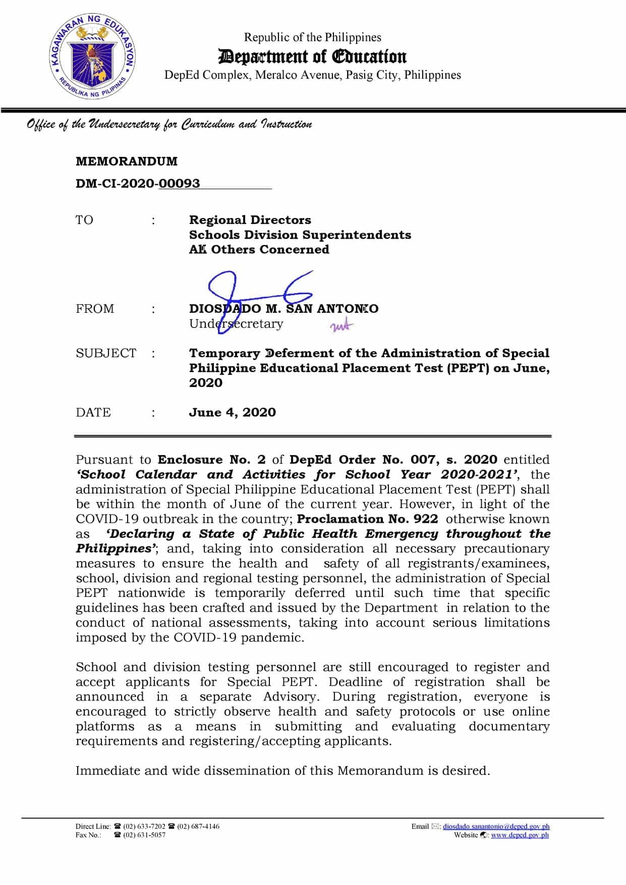 Temporary Deferment of the Administration of Special PEPT on June 2020 ...