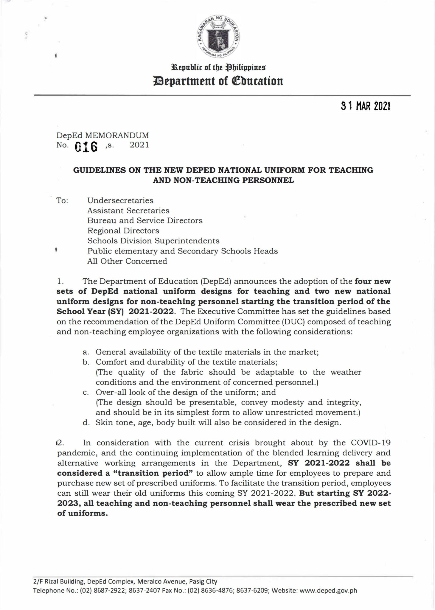 Guidelines on the New DepEd National Uniform for Teaching and Non ...