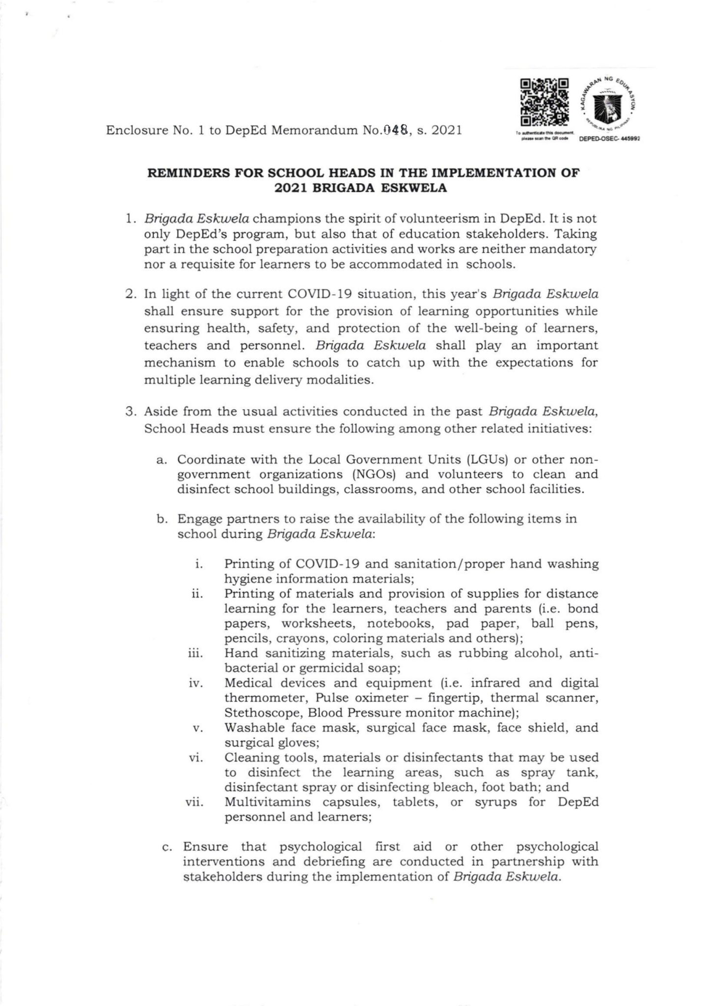 Update Brigada Eskwela Implementing Guidelines Deped Memo No 60300 ...