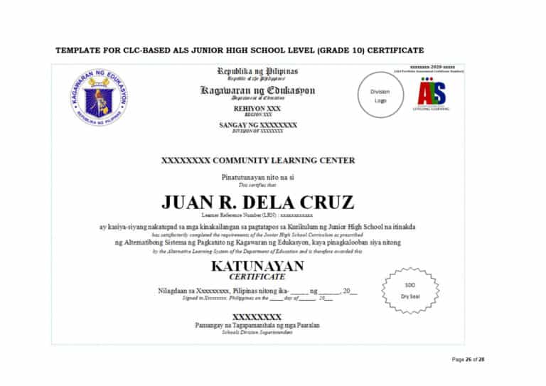 DepEd ALS Certificate of Completion Template for CLC and School-Based ...
