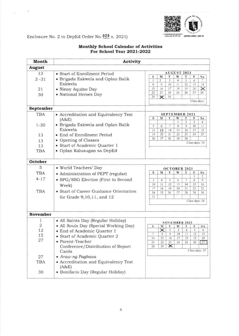 DepEd School Calendar and Activities for School Year 2021-2022 - TeacherPH