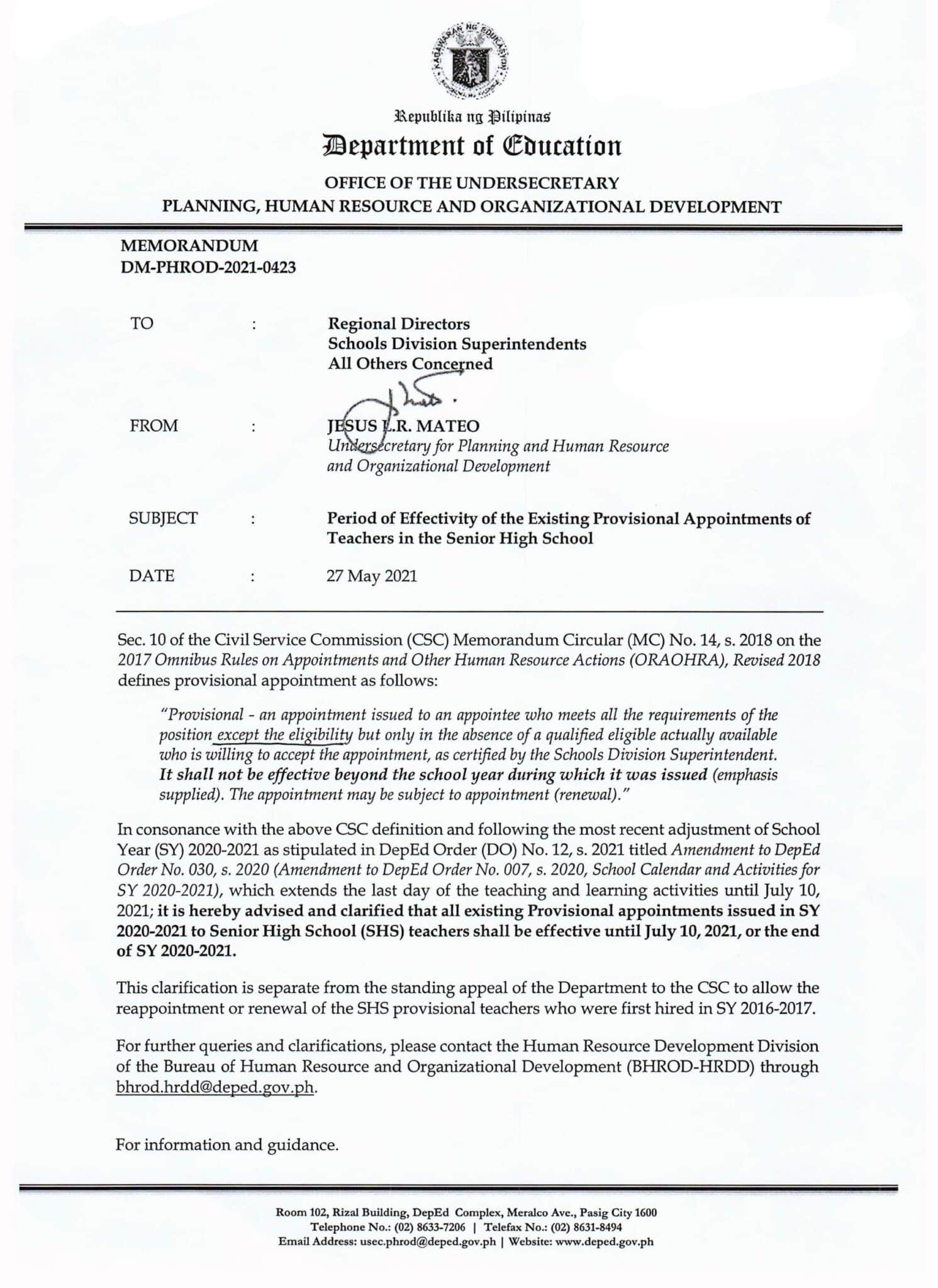 Period of Effectivity of the Existing Provisional Appointments of ...