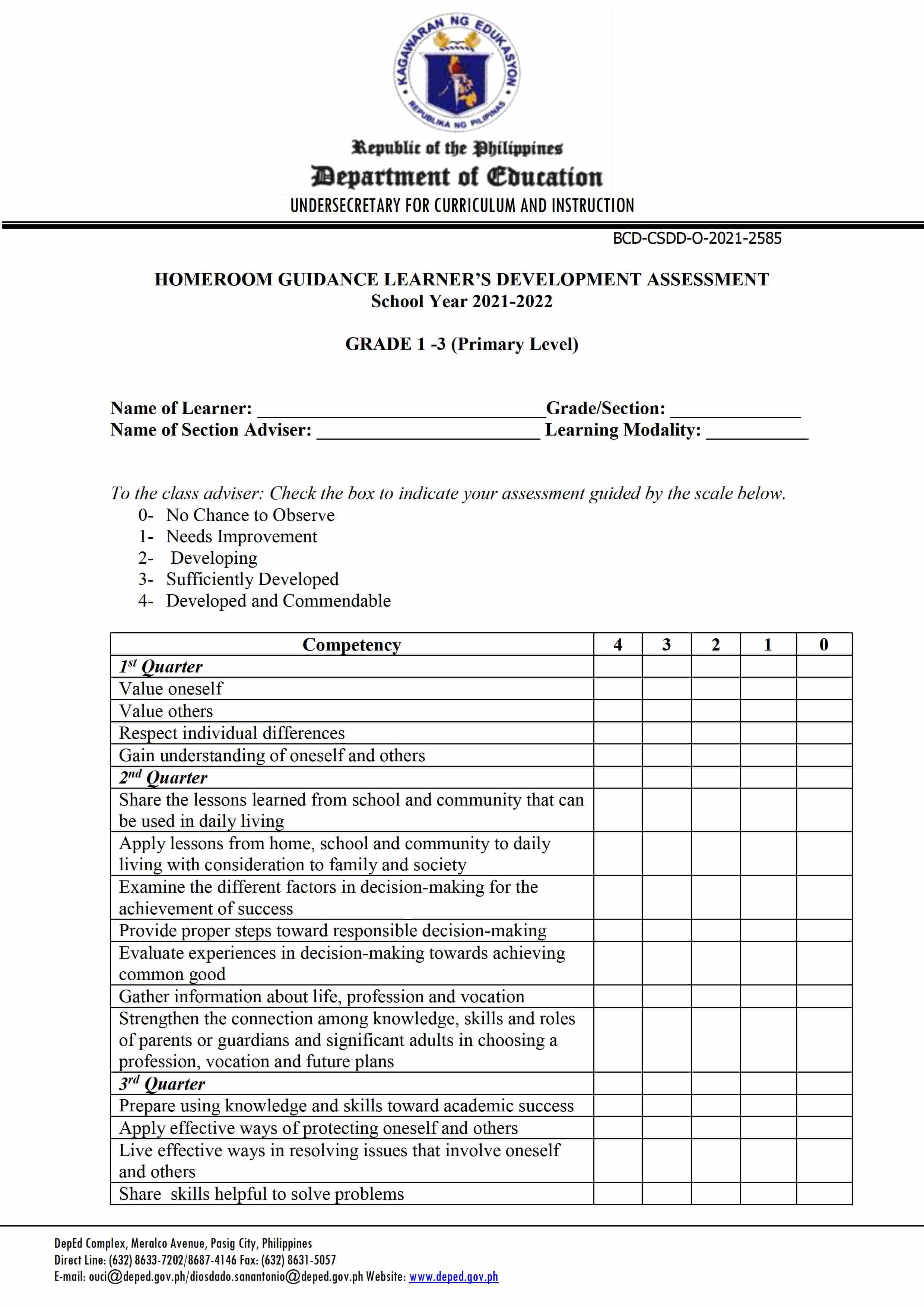 Homeroom Guidance Learner S Development Assessment Form For Grade Hot Sex Picture 9168