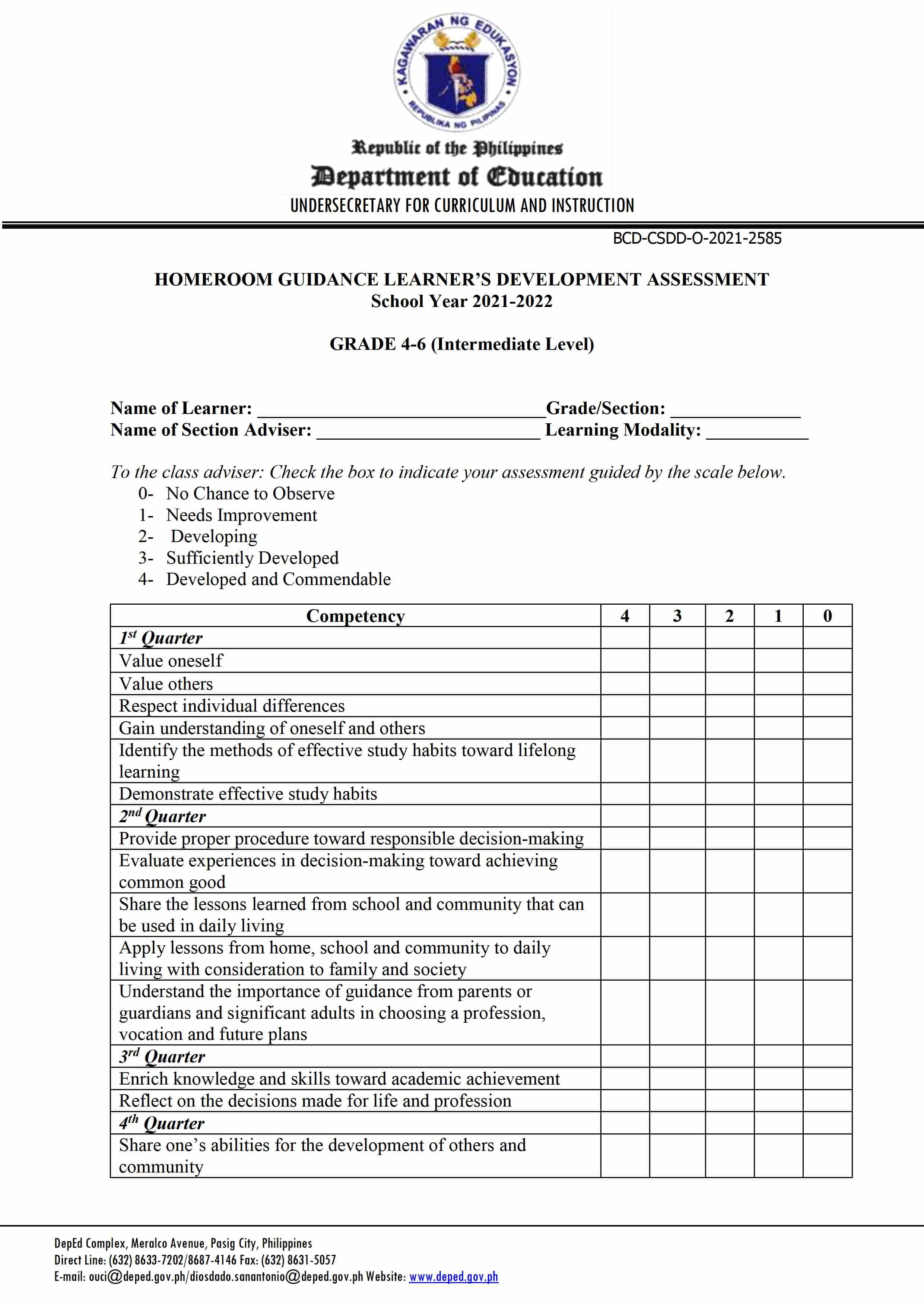 DepEd Grade 4 6 Homeroom Guidance Learner s Development Assessment 