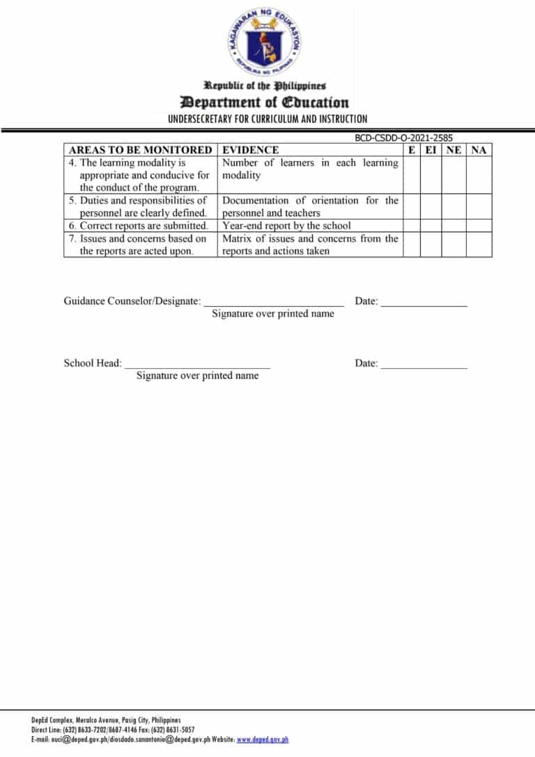 DepEd Homeroom Guidance School Implementation Tool (School Level ...