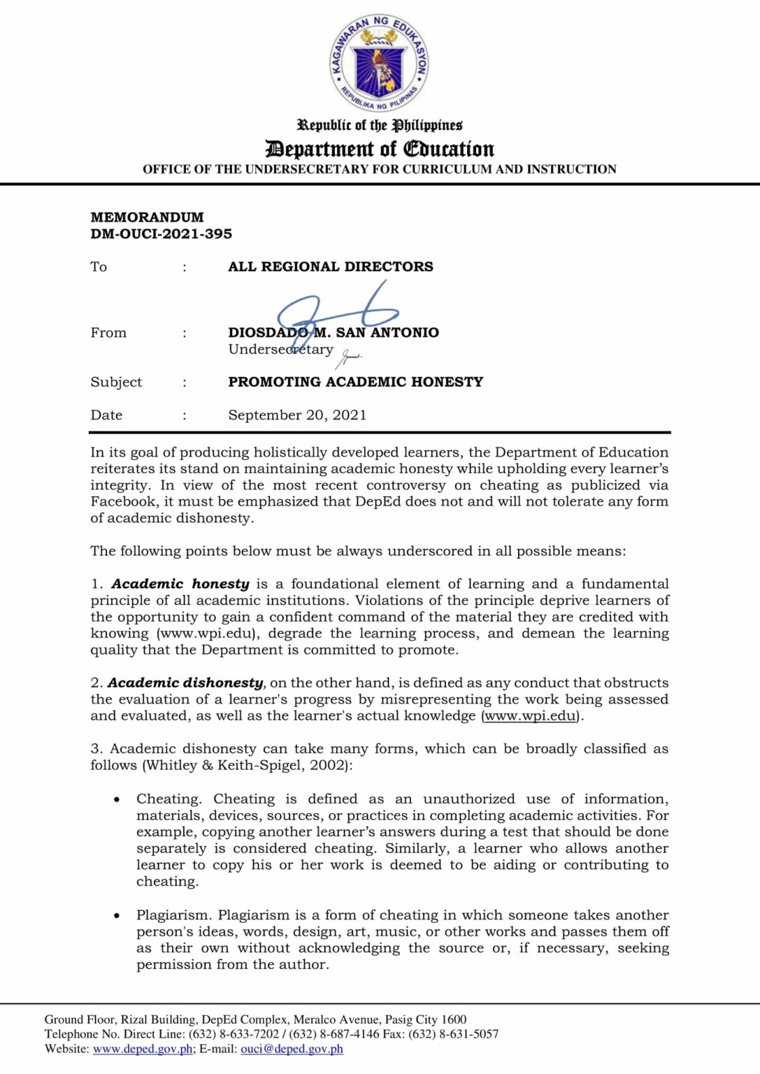 DepEd Memorandum on Promoting Academic Honesty - TeacherPH