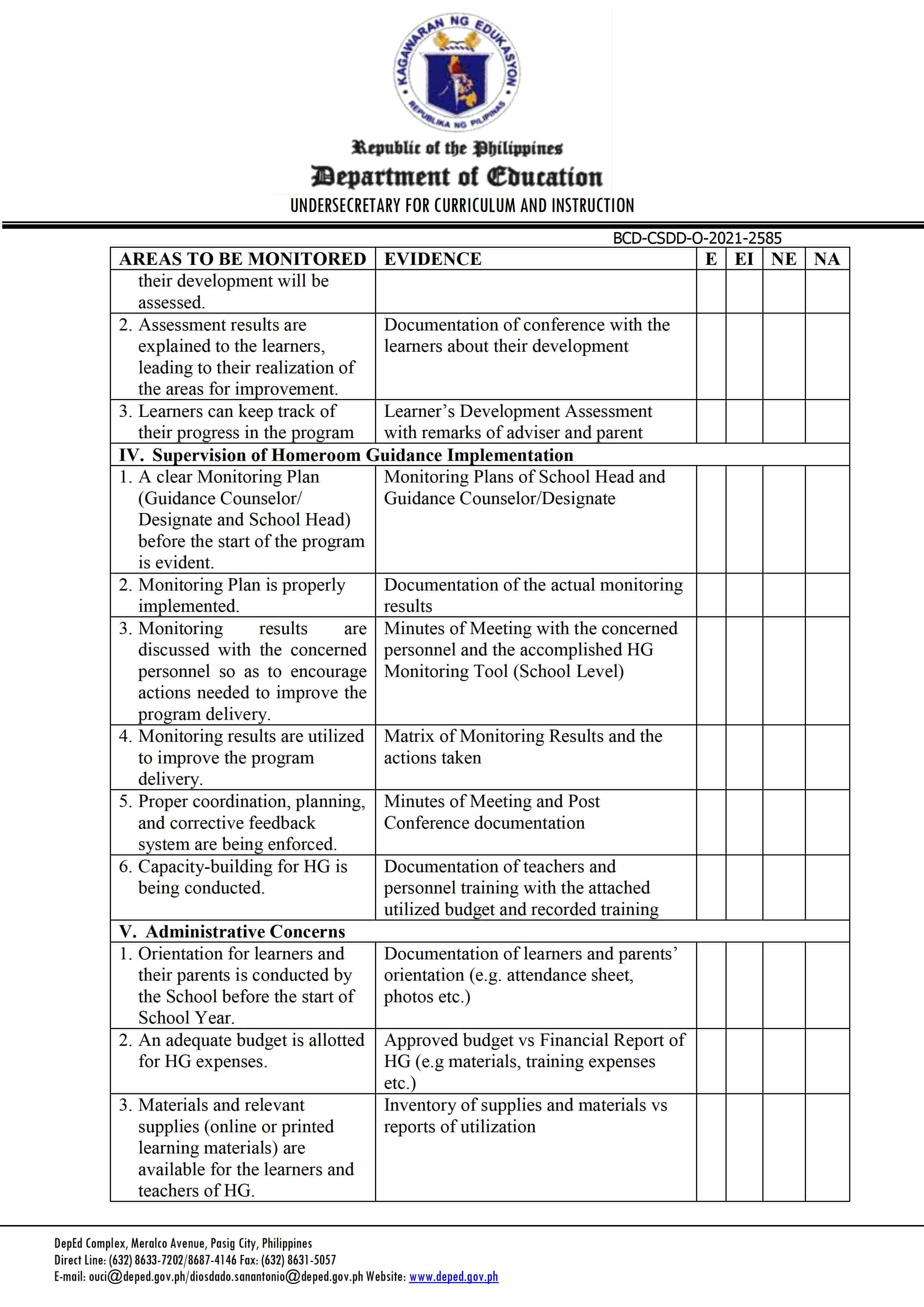 DepEd Homeroom Guidance School Implementation Tool School Level 