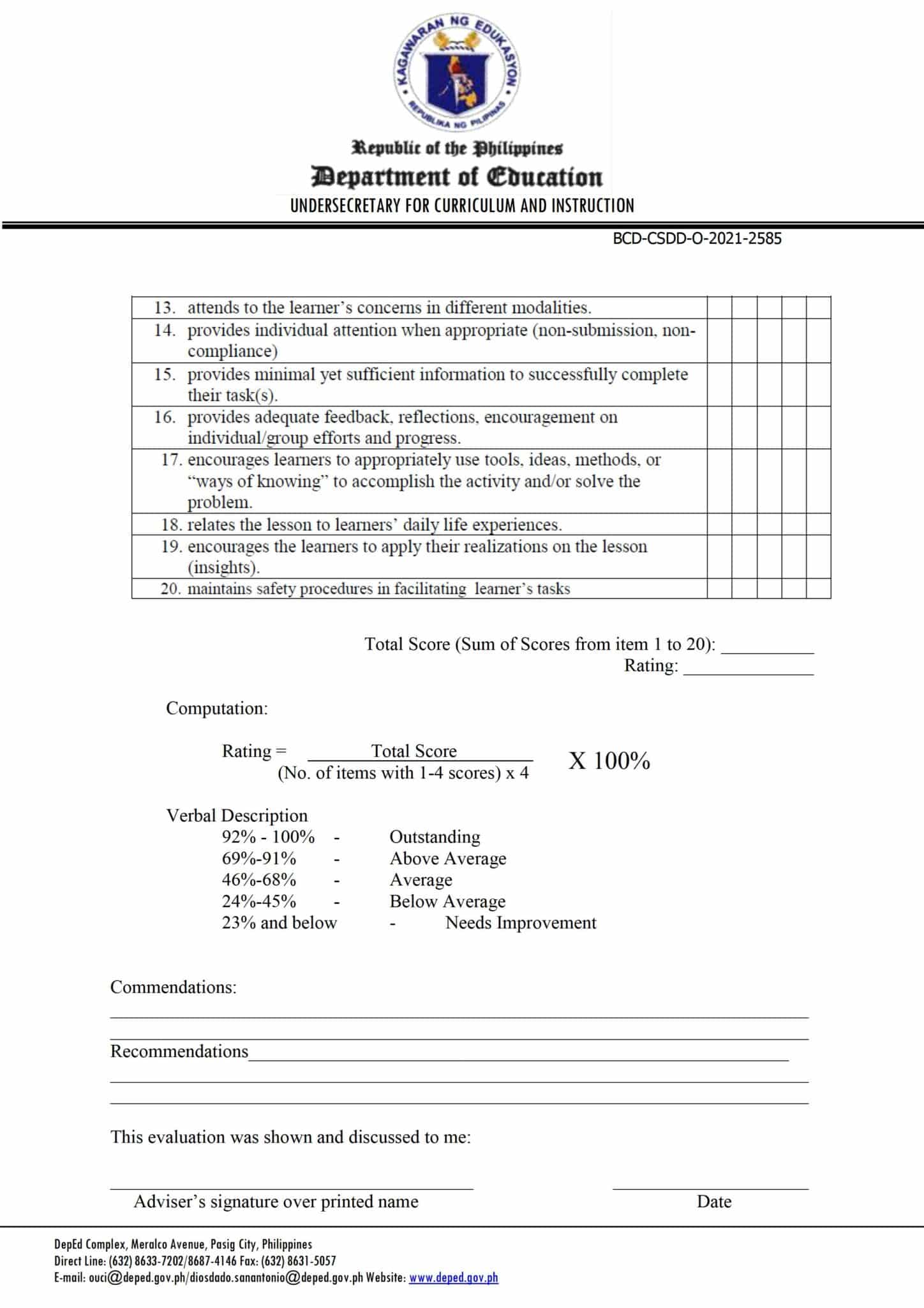 Deped Homeroom Guidance Class Observation Tool For School Year 2021 2022 Teacherph 5317