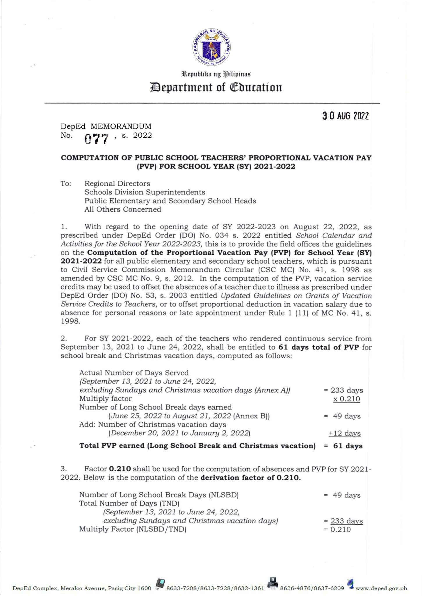 Computation of the Proportional Vacation Pay for SY 2021-2022 - TeacherPH